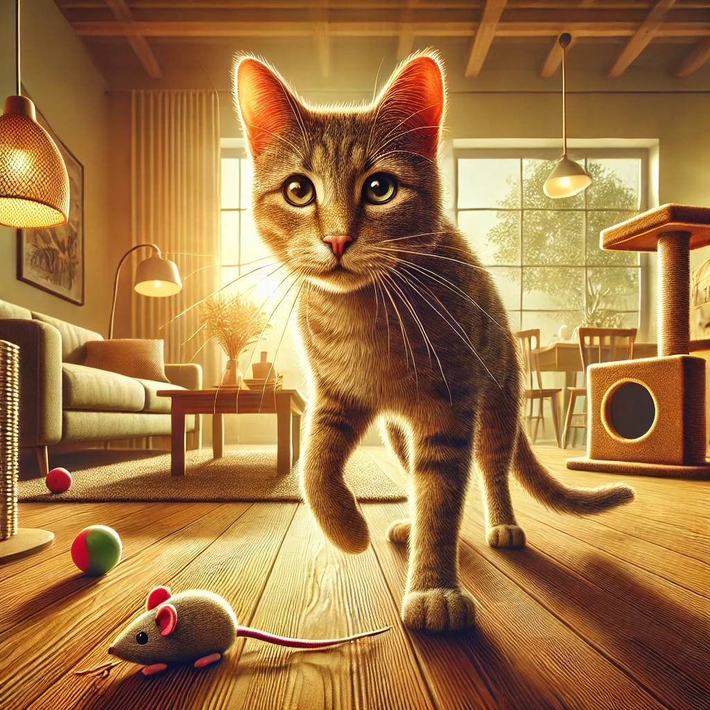 Η γάτα σε στιγμές παρατήρησης και περιέργειας, τοποθετημένη δίπλα στο παράθυρο, σε ένα ζεστό και οικείο περιβάλλον. Η στάση της και τα διάσπαρτα παιχνίδια στο δωμάτιο αντικατοπτρίζουν τη σύνθετη φύση της συμπεριφοράς της, ανάμεσα σε αμυντικότητα και εξερεύνηση