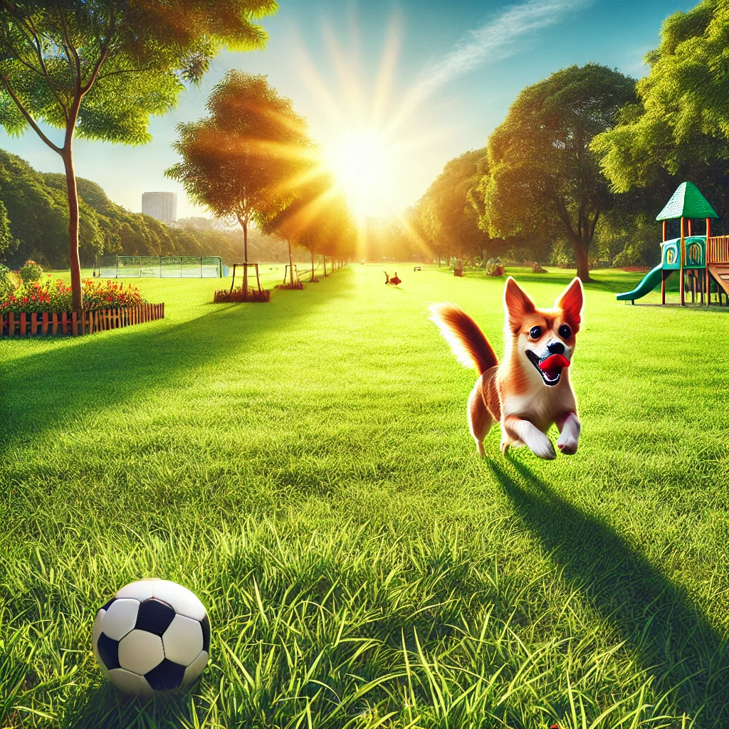 Απεικονίζει έναν σκύλο να τρέχει χαρούμενα σε ένα μεγάλο πάρκο, κυνηγώντας μια μπάλα, με φόντο πράσινο γρασίδι, δέντρα και λουλούδια.