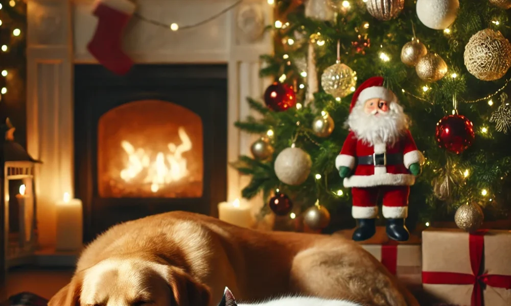 Σκύλος και γάτα κοιμούνται αρμονικά μπροστά από ένα όμορφα στολισμένο χριστουγεννιάτικο δέντρο, δημιουργώντας μια ζεστή και εορταστική ατμόσφαιρα.