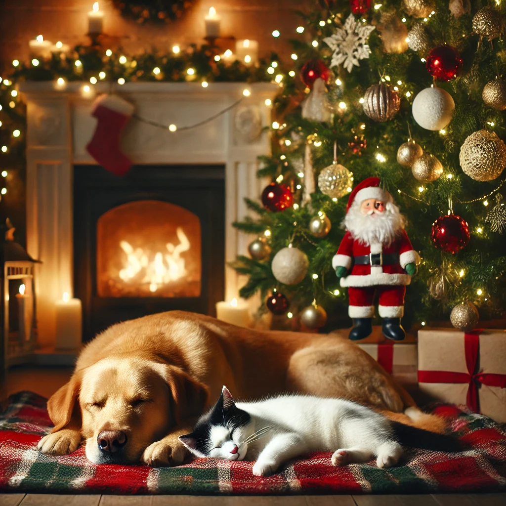 Σκύλος και γάτα κοιμούνται αρμονικά μπροστά από ένα όμορφα στολισμένο χριστουγεννιάτικο δέντρο, δημιουργώντας μια ζεστή και εορταστική ατμόσφαιρα.