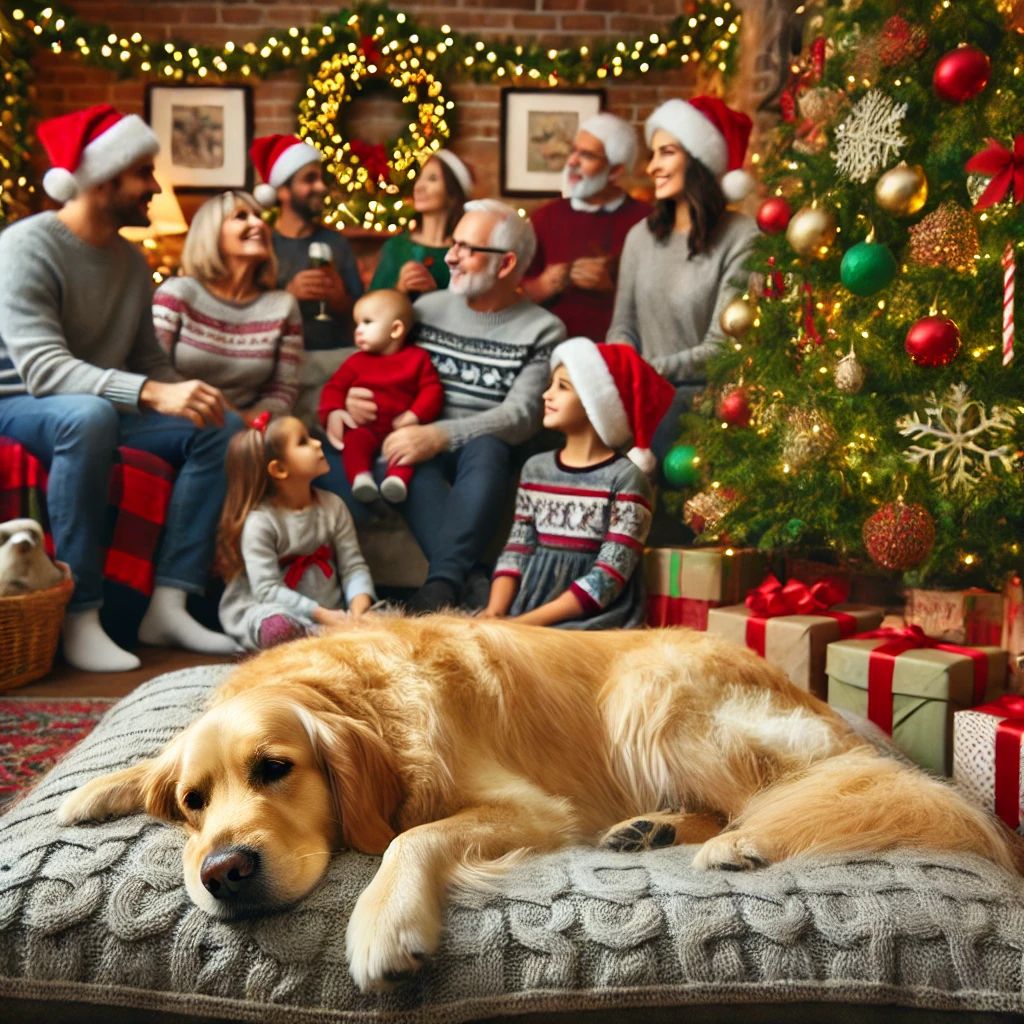 Σκύλος ξεκουράζεται κοντά σε δέντρο με καλεσμένους γύρω.