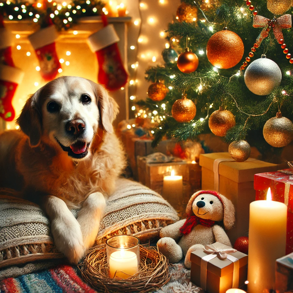 Χαρούμενος σκύλος ξεκουράζεται με ασφάλεια δίπλα σε ένα όμορφα στολισμένο χριστουγεννιάτικο δέντρο, με γιορτινή ατμόσφαιρα και ασφαλείς διακοσμήσεις.