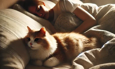 A cozy bedroom with a person sleeping in bed with their cat cuddled beside them. The cat looks calm and content, snuggled under the blankets.