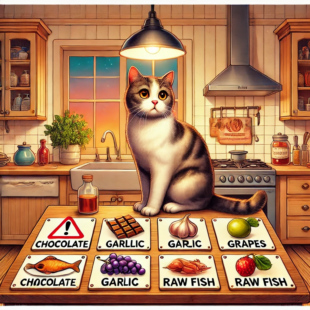 Γάτα σε πάγκο κουζίνας με επικίνδυνα τρόφιμα
