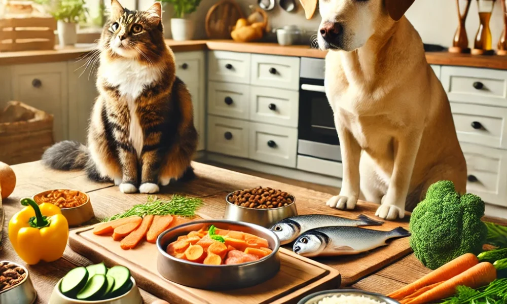 Καθαρή και ζεστή κουζίνα με φρεσκομαγειρεμένες τροφές για γάτες και σκύλους, περιλαμβάνοντας υλικά όπως κοτόπουλο, ρύζι, καρότα και ψάρι, με γάτα και σκύλο να περιμένουν το γεύμα τους.