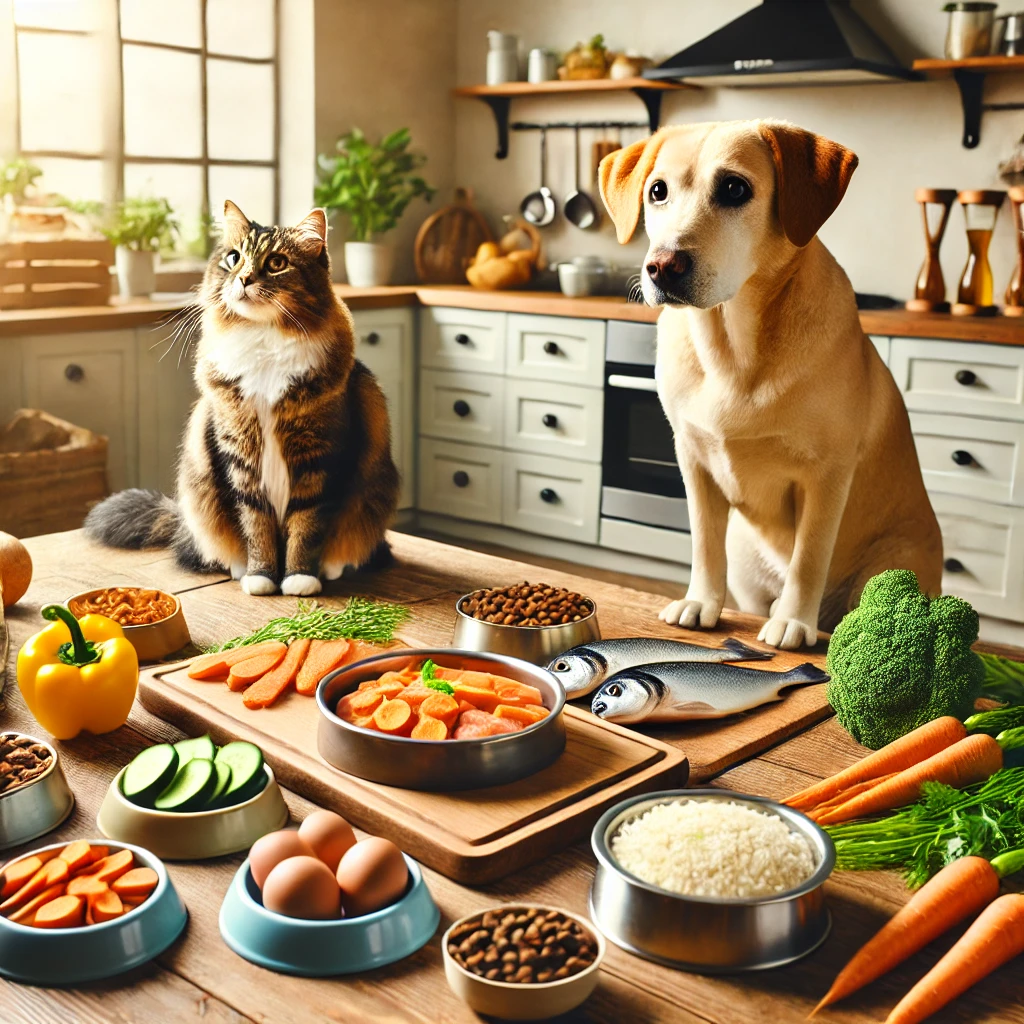 Καθαρή και ζεστή κουζίνα με φρεσκομαγειρεμένες τροφές για γάτες και σκύλους, περιλαμβάνοντας υλικά όπως κοτόπουλο, ρύζι, καρότα και ψάρι, με γάτα και σκύλο να περιμένουν το γεύμα τους.